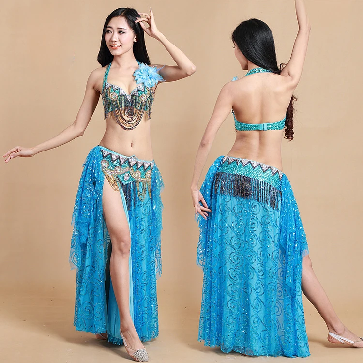 2019 Women Dance Clothes Oriental Style Outfit Beaded Belly Dance Costume Set Bra Belt Skirt Sequins Long Skirts