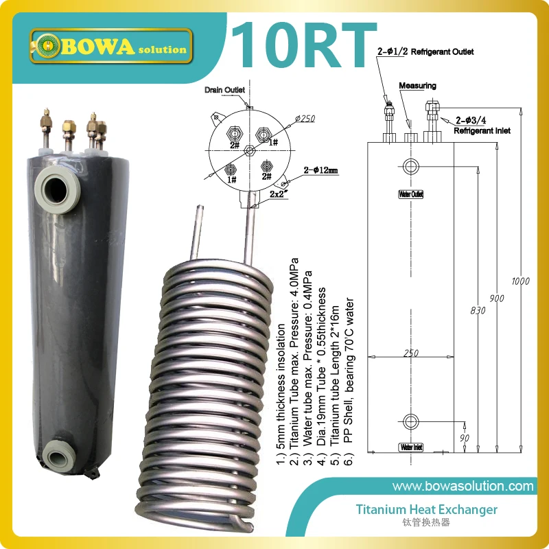 10RT Titanium heat exchanger he PVC-U shell was tested by 0.2Mpa water pressure to make sure the water system not leakage