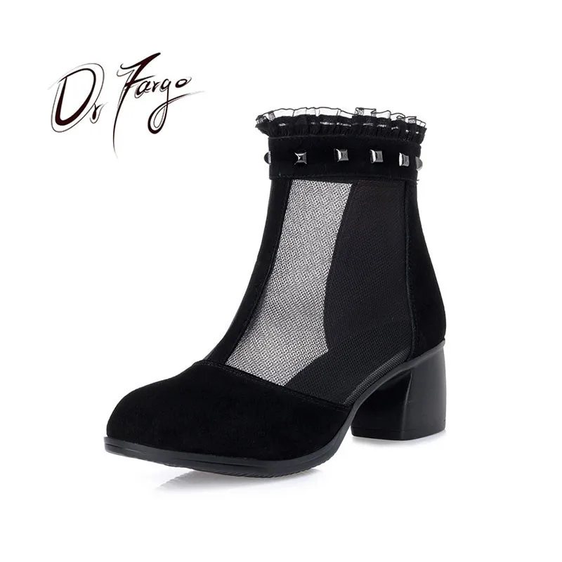 DRFARGO Summer Shoes Women Cow Suede Mesh Ankle Boots Back Zipper Boot Rivets Med Square High Heel size35-42 Femme Chaussure8812