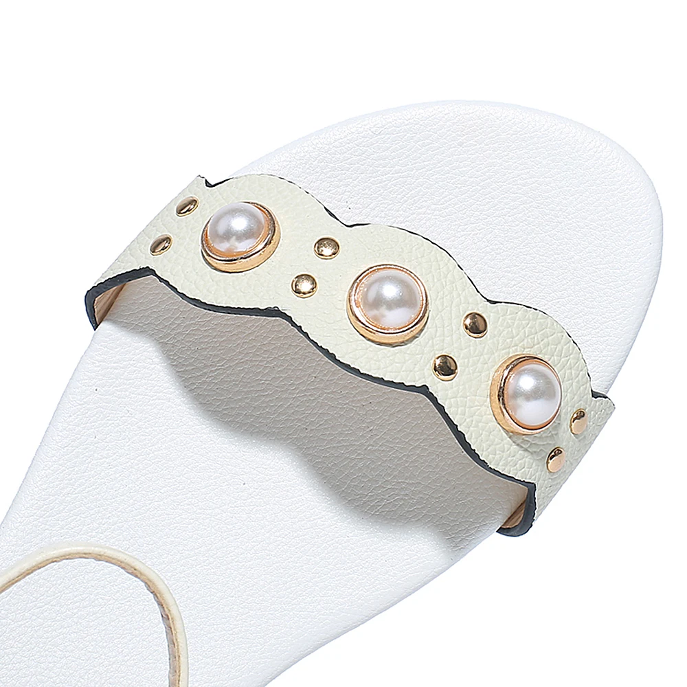 SKLFGXZY 2019 beach ladies genuine leather sandals, 100% genuine leather, pearls, women\'s shoes, comfort sandals, sizes 32-46