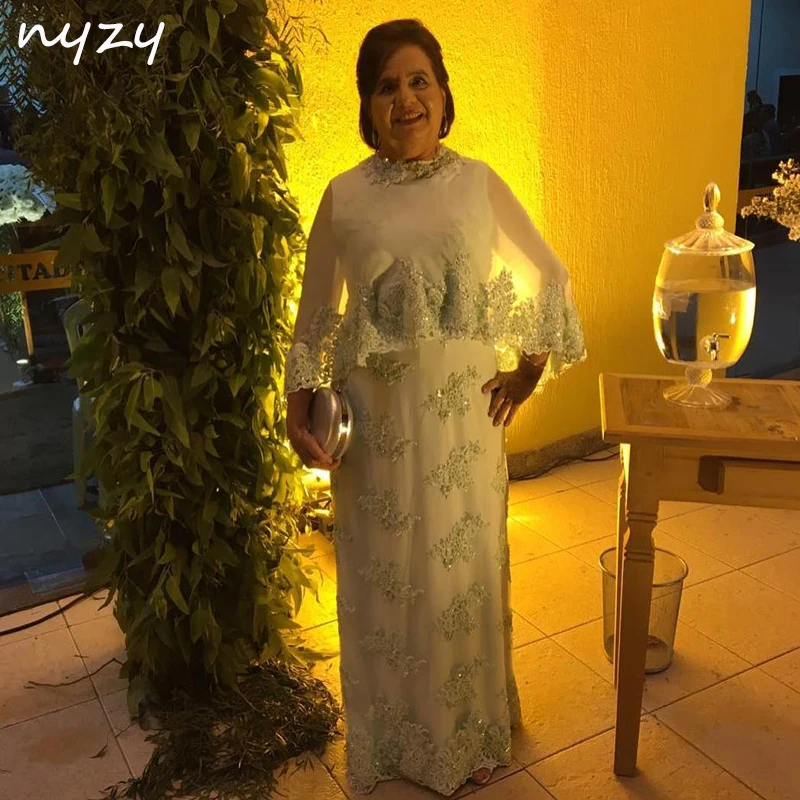 

NYZY M62 Long Mother Of the Bride Dresses With Bolero Cape 2 Piece Mint Groom Mother Lace Gowns 2019 Wedding Party Evening