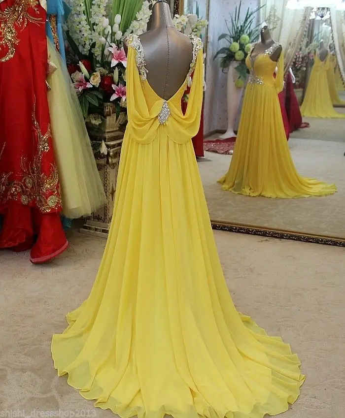 Soriee-Vestido largo de gasa amarillo con diamantes de imitación, traje Formal con escote en V y espalda abierta, 2024 cuentas