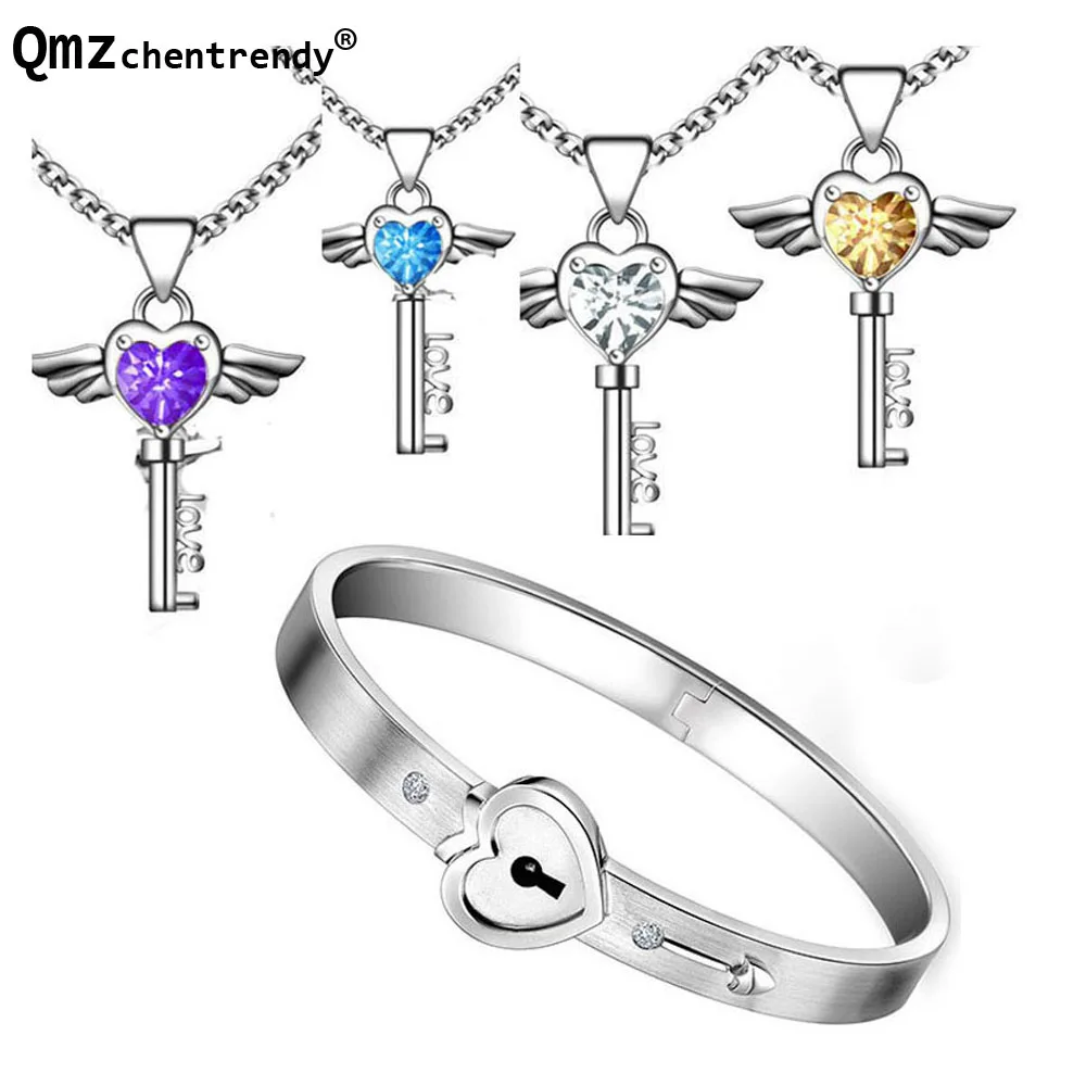 

2017 Popular Men Women Stainless Steel Cubic zirconia Heart Key Necklaces Lock Bangles Bracelet For Lovers Couples Jewelry Sets