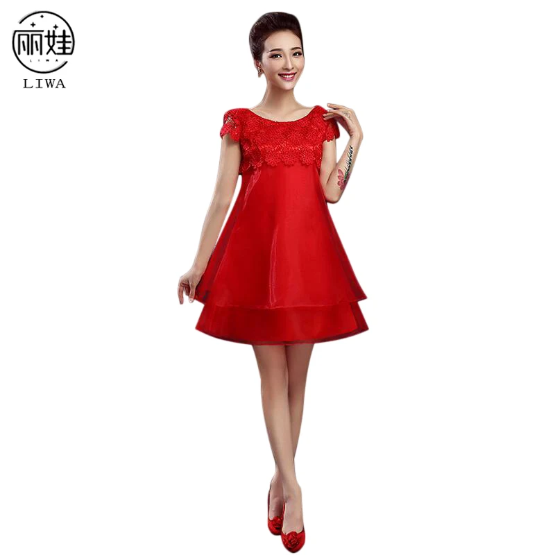 Pregnant Woman Wedding Dresses 2016 Large Size High Wasit Red Lace Short Wedding Dress Lace Short Sleeve O-Neck Vestidos  BV46