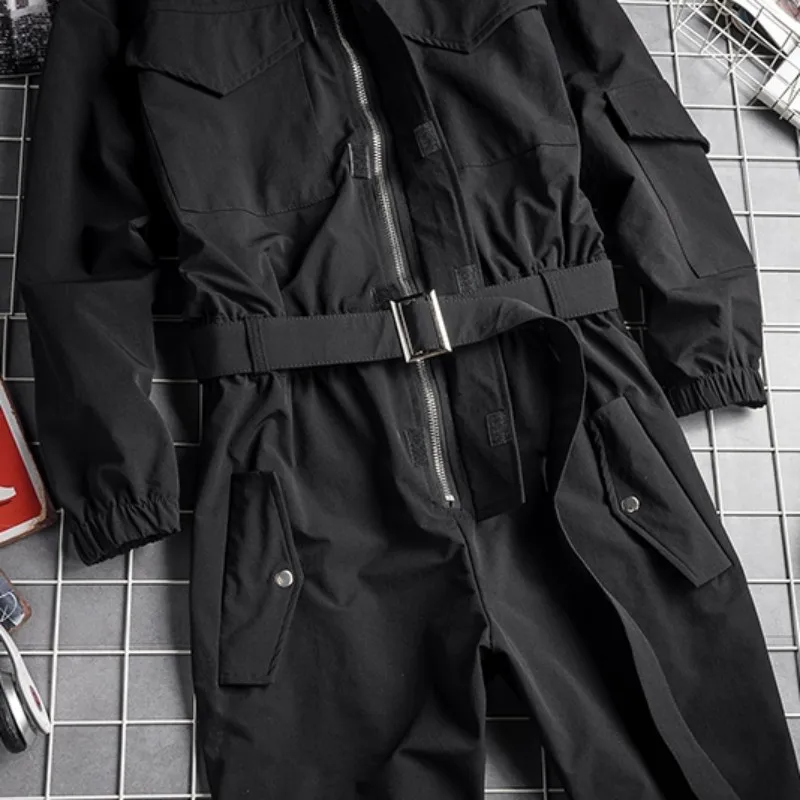 New Mens Hip Hop Cargo Jumpsuit Fashion Black Sashes Joggers Overalls Multi Pockets Work Rompers Streetwear Korean Clothes