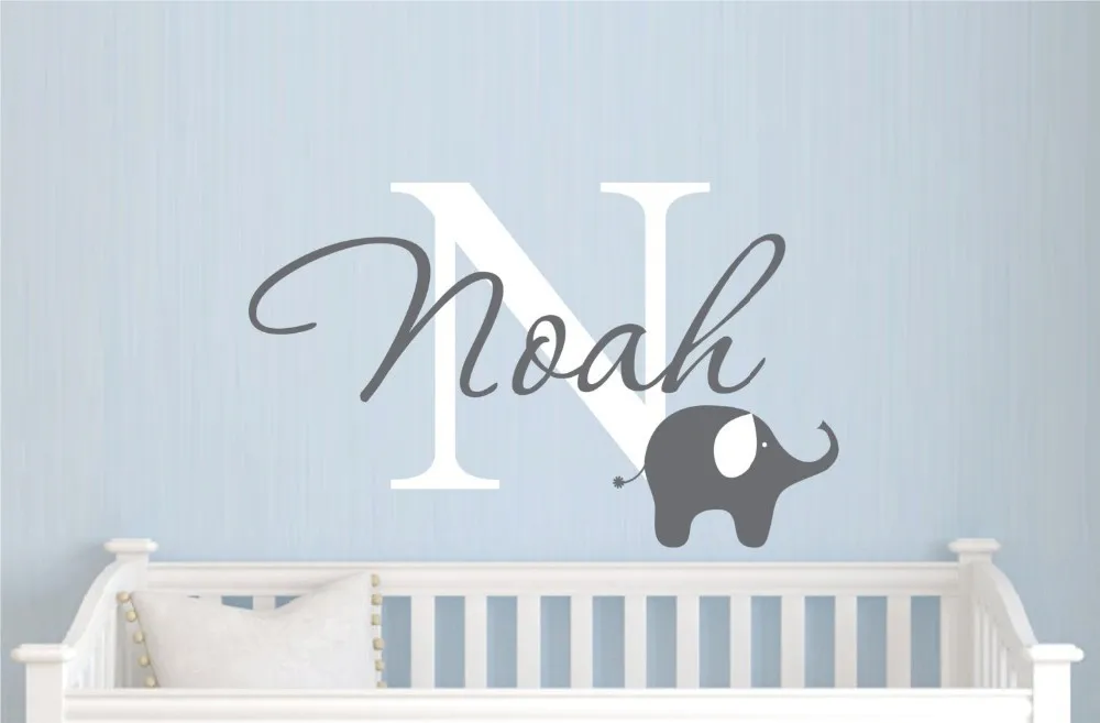 Personalized Name Wall Decal Sticker - Custom Elephant Boys Name Vinyl Wall Sticker For Kids Room - Baby Nursery Wall Decal D379