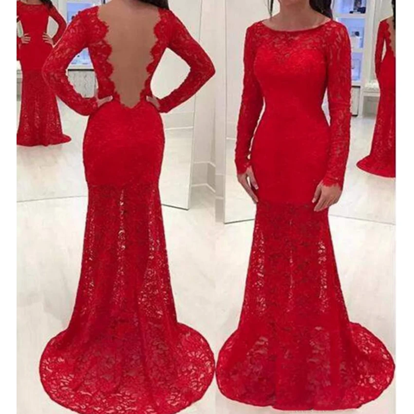 Sexy Red Mermaid Prom Dresses 2021 Lange Mouwen Backless Kant Met Appliques Speciale Gelegenheid Jurk Tulle Formele Avond