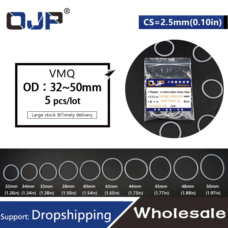 Oリングシール用シリコンワッシャー,5ピース/ロット,od32/34/35/38/40/42/44/45/48/50*2.5mm,ゴム製