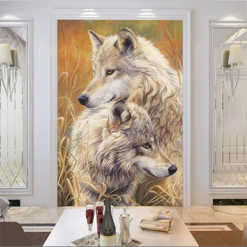 

wellyu papel de pared обои Custom mural 3d photo wallpaper two wolf oil painting living room bedroom entrance mural 3d wallpaper