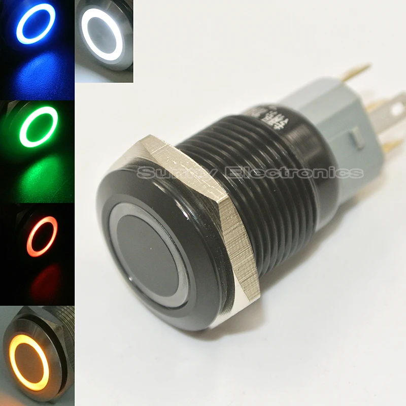 12V Latching Push Button Switch 1NO1NC SPDT ON/OFF Black Metal Shell with LED Ring Suitable for 16mm 5/8