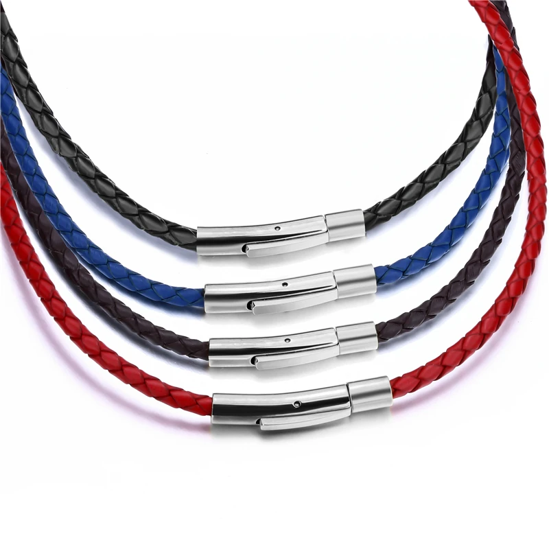 3mm Men Women Black/Red/Blue/Brown Braided Genuine Leather Necklace Cord Silver Stainless Steel Secure Clasp 40-75cm