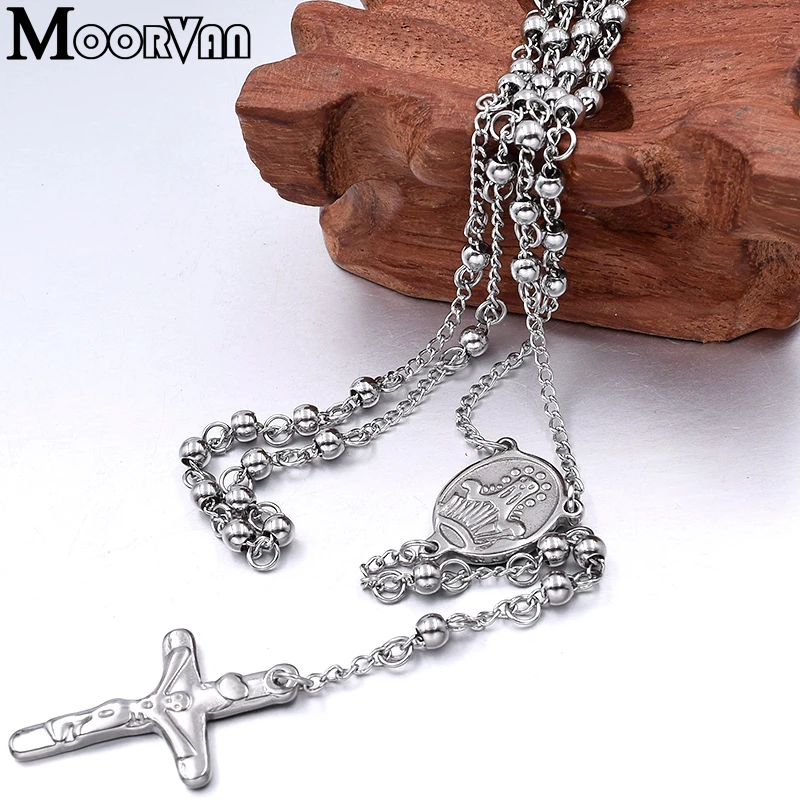 Moorvan 65cm long necklace women stainless steel necklace rosary religious beads jewelry with pray cross mens VRN24