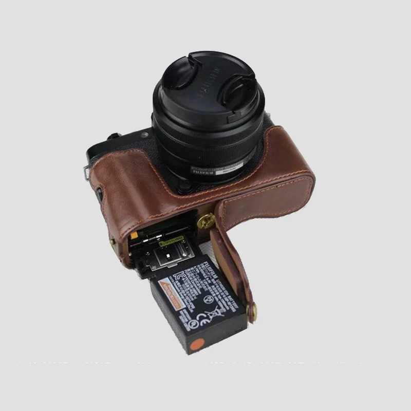 Bolsa de câmera portátil de couro PU para Fujifilm Fuji X-T100 XT100 X T100 Conjunto de meio corpo com abertura de bateria