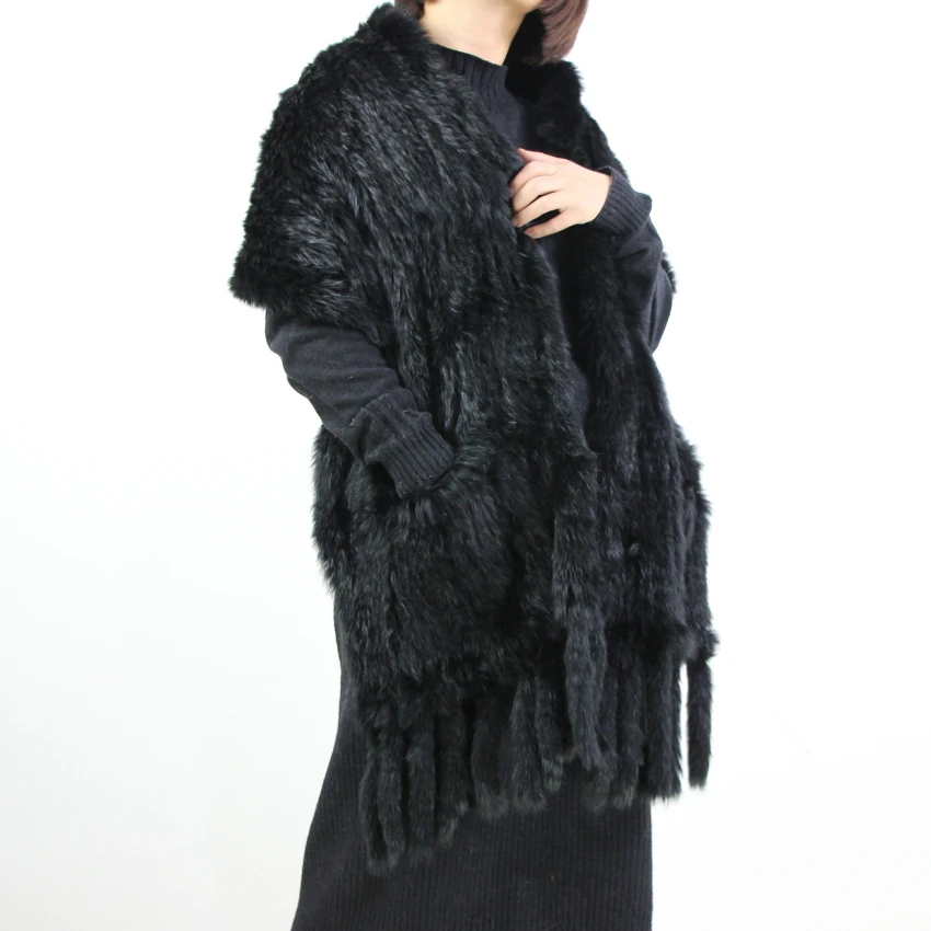 Harppihop*Luxury Women\'s Genuine Real Knitted rabbit Fur Scarves with Tassels Lady Pashmina Wraps Autumn Winter Women Fur Shawls