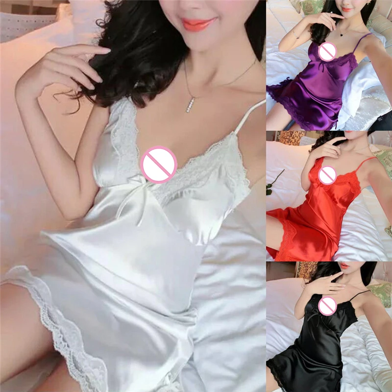 Ladies Sexy Silk Satin Night Dress Sleeveless Nighties V-neck Nightgown Nightdress Lace Sleepwear Nightwear For Women