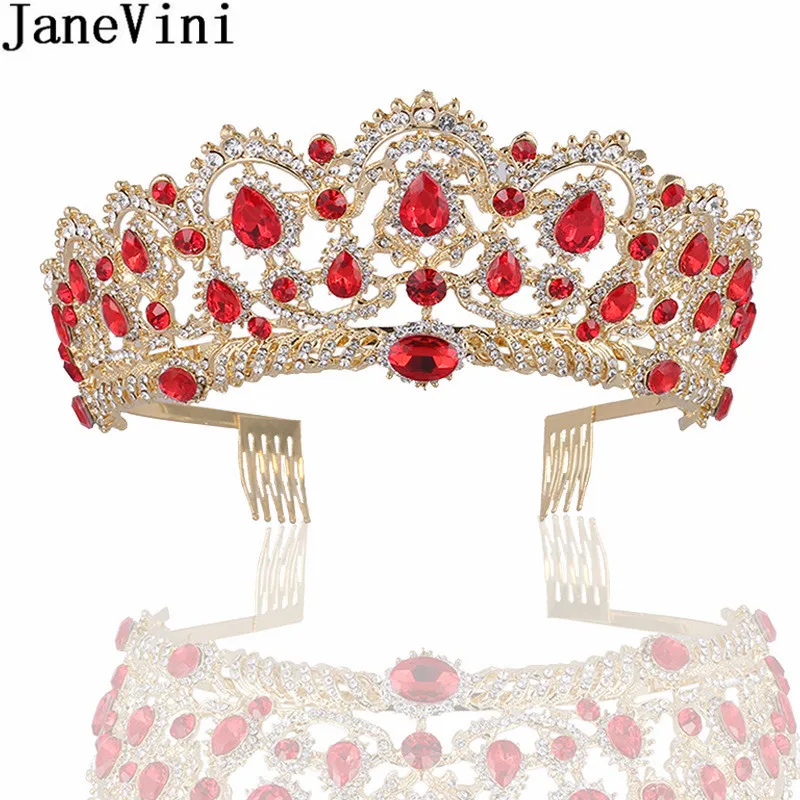 

JaneVini European Red Green Crystal Tiaras Vintage Gold Rhinestone Pageant Crowns With Comb Baroque Wedding Hair Accessories