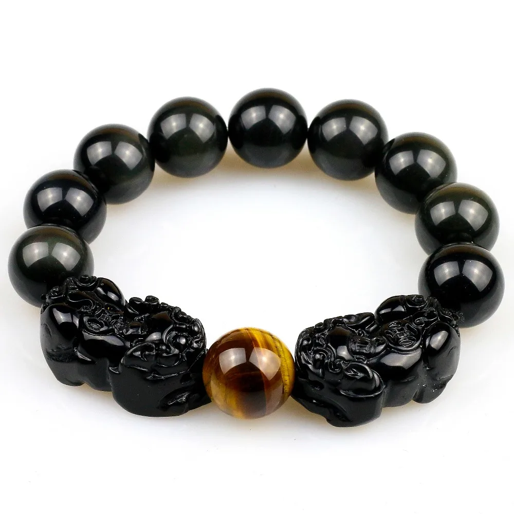 Natural Obsidian with Tiger eye Beads Bracelet Gold Color Charm Bracelet  PIXIU Lucky Brave Jewelry Women Men Energy Jewelry