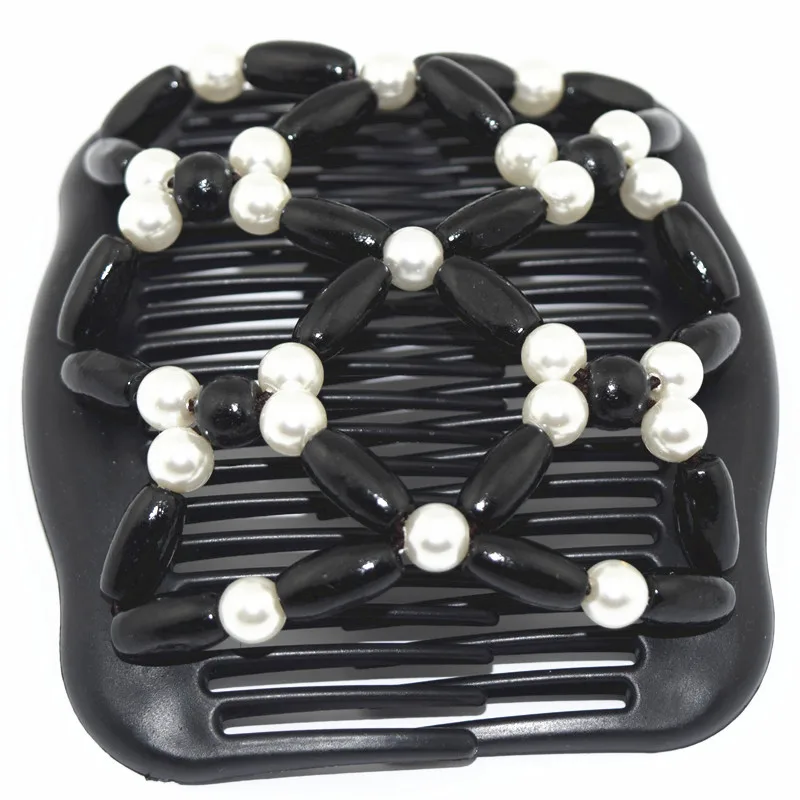 Black and pearl hot sale  elastic beaded double twin headwear magic hair comb clips for woman fashion jewlery