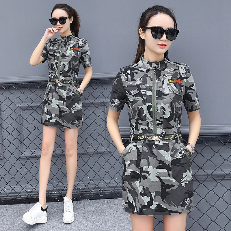 Outdoor Women Tactical Casual One-piece Sport Shirt With Skirt Trekking Camping Dancing Dress Fashion Camouflage Military Romper