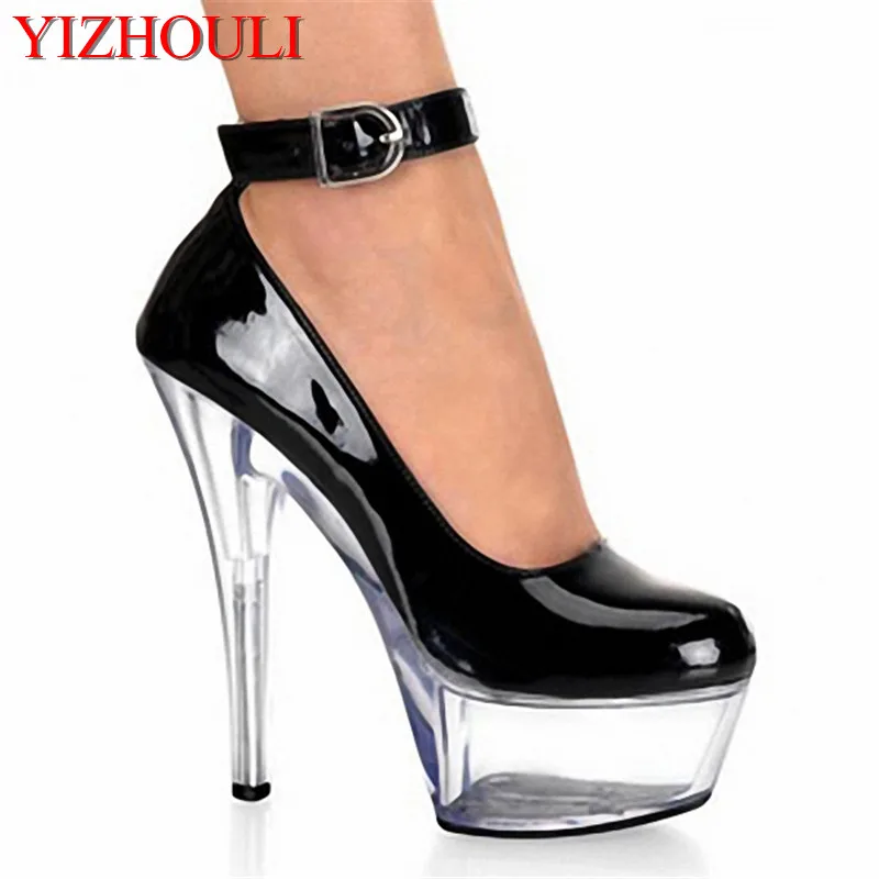 Sexy ankle strap chic PU leather pumps for women 15cm high heels, wedding/trendy multicoloured sheer heels