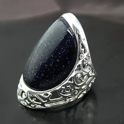 

man/woman Solid 925 Sterling Silver 27*33mm Blue Sandjade Ring Siz 7/8/9/10