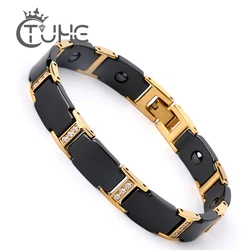 Luxury Men Gold Bracelet Health Black Ceramic Bio Magnetic Germanium Bracelets Men Hand Chain Link Crystal Stainless Jewelry