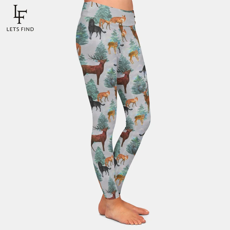 LETSFIND New Design Women Elastic Leggings High Waist 3D Animals Milu Deer&fox&dog Print Milk Silk Trousers Movement Leggings