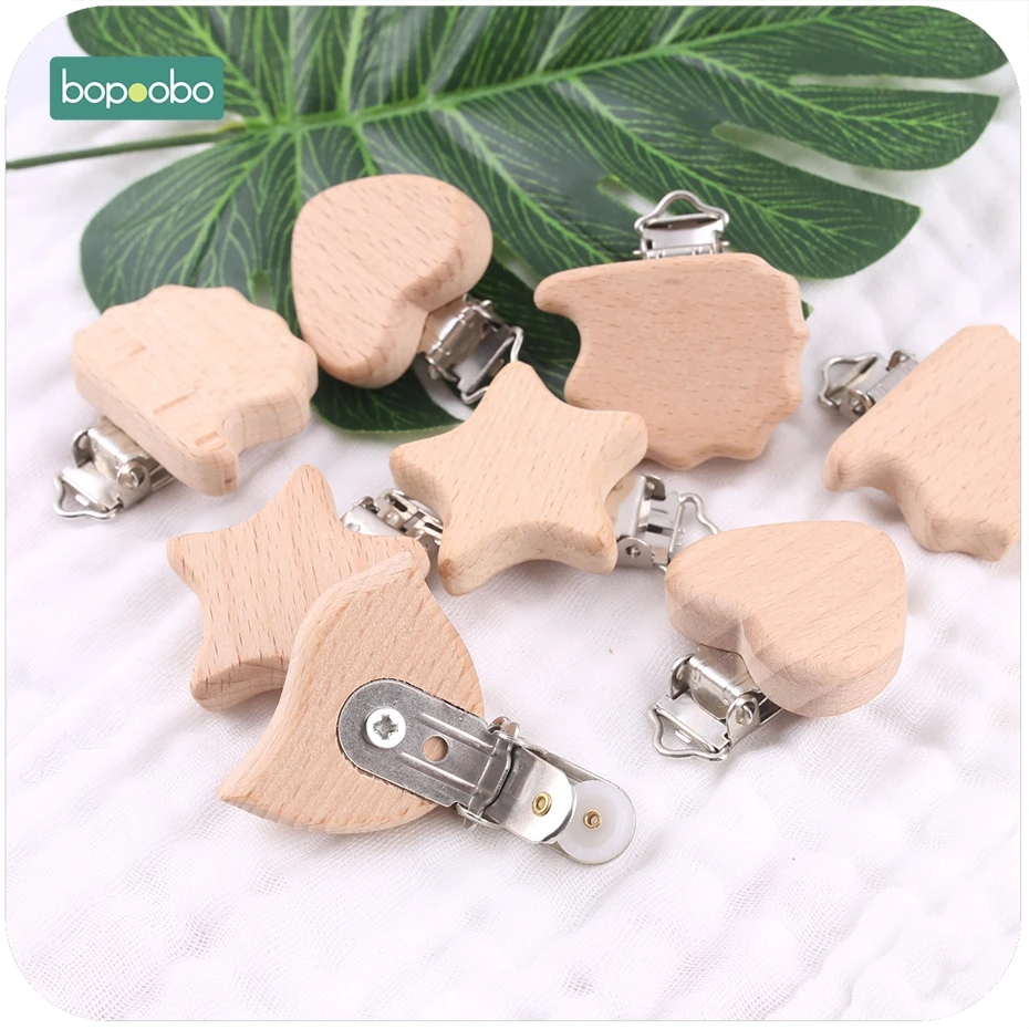 Bopoobo-chupete de madera para bebé, accesorios de madera para bebé, Clips de Metal, soporte de corazón, mordedor de madera para bebé, 2 uds.