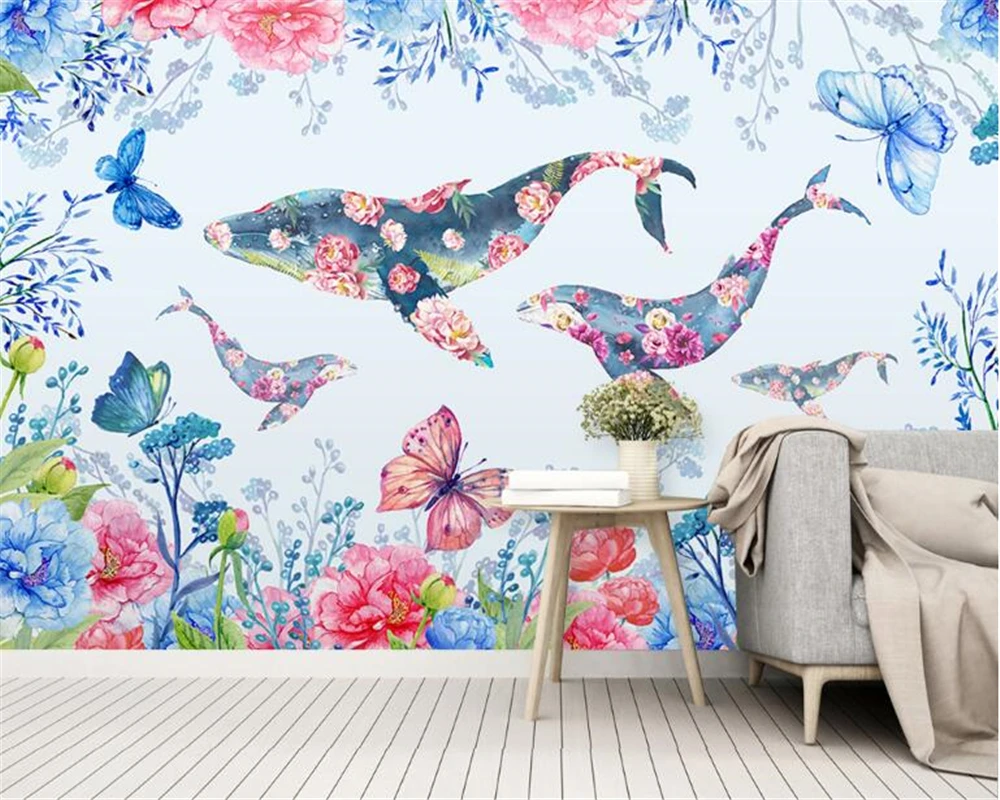 

beibehang Nordic personality decorative painting wallpaper small fresh watercolor flowers whale children's background wall paper