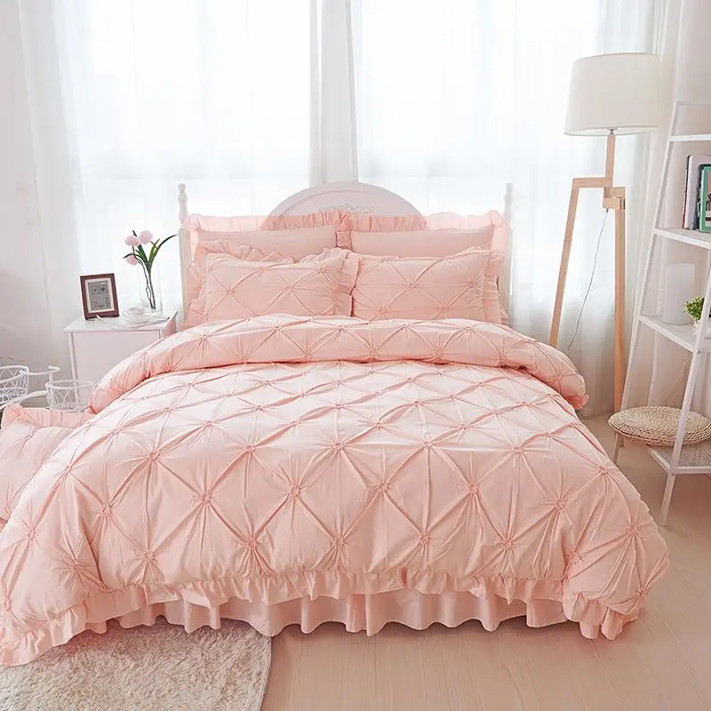 

Hand-made Pleat Pink Bedding Sets Luxury 4/6pcs Solid Color 100%Cotton Duvet Cover Bedspread Bed Skirt Pillowcases 1.8/2.0M Bed