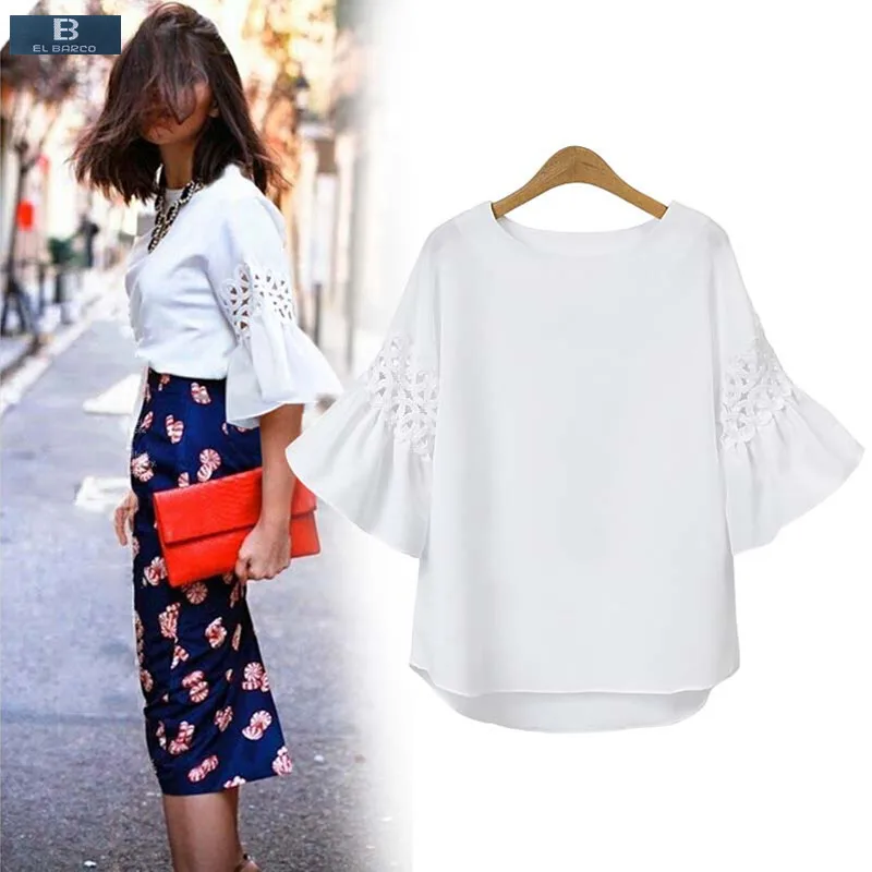 [EL BARCO] 2017 New Cotton Linen Chiffon Women Summer Blouse Shirts Hollow-Out Soft Lace White Blue Casual Tops Plus Size M-3XL