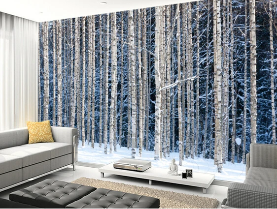 Custom landscape  Textile Wallcoverings,Snowy Birch Forest,3D photo mural for living room bedroom kitchen background wallpaper