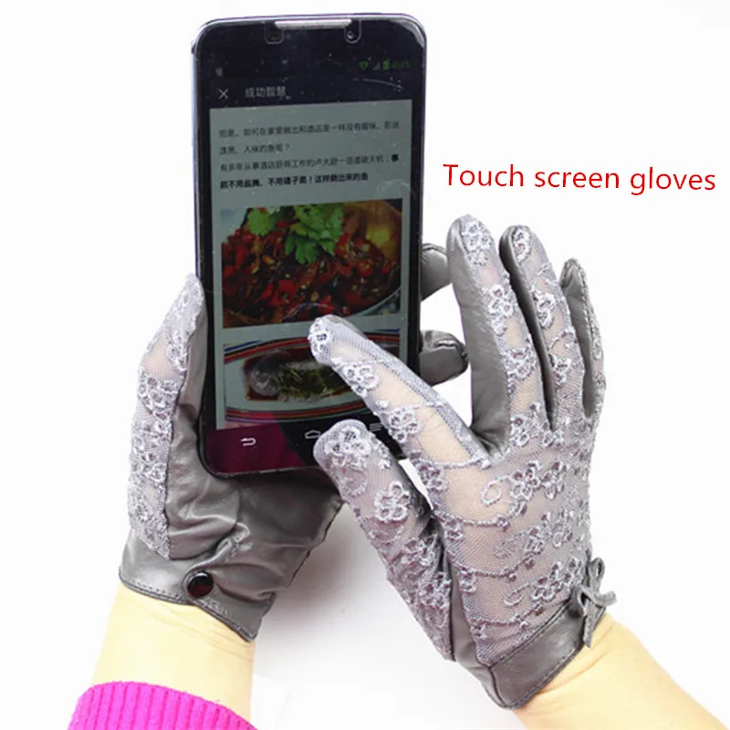 Guantes de piel de oveja con pantalla táctil para mujer, guantes de conductor de cuero finos sin forro con encaje a la moda para primavera y verano,