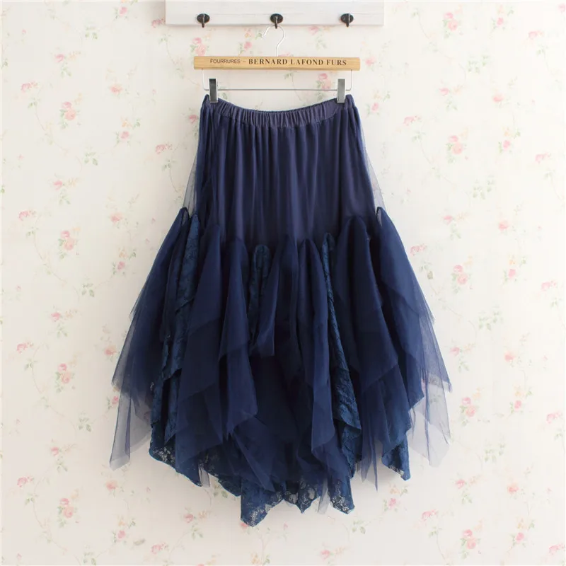 Spring Autumn Mori Girl Skirt Women Cute Sweet Loose Solid Bottoming Lace Cake Ruffle Lolita Kawaii Female Princess Skirt U143