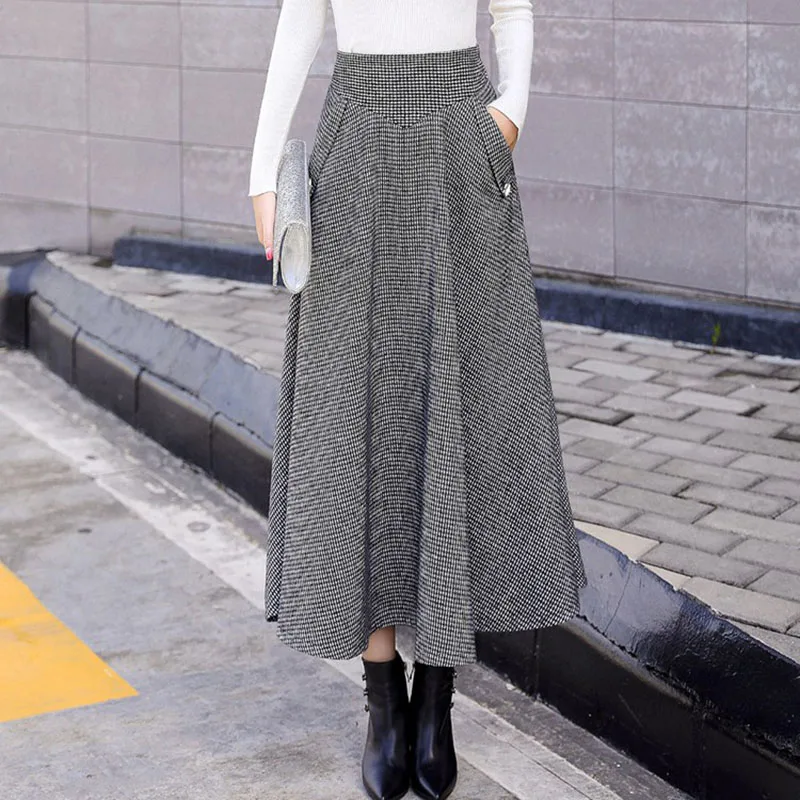 High Waist Retro Plaid Woolen Women Skirts Winter 2024 Fashion Warm Winter Office Wool Pleated Maxi Skirt Femme Saia Longa