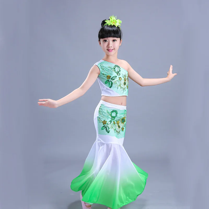 Dai Dance Costume Girls Peacock Dance Costumes Ethnic Children Girls Fishtail Skirts Costumes