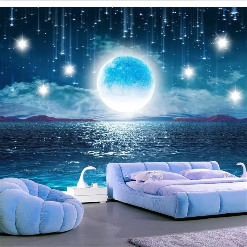 wellyu 3d Custom wallpaper   Water rose bright moon beautiful starry sky full moon landscape living room backdrop  wall paper