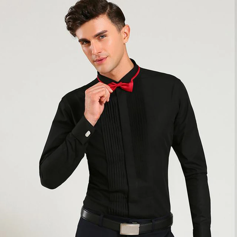 Cổ Điển Có Cánh Phối Áo Sơ Mi Nam Wingtip Tuxedo Áo Sơ Mi Form Đỏ Thắt Nơ Đen Đảng Ăn Tối Cưới Chàng Rể áo Sơ Mi Nam