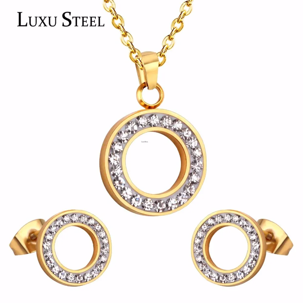 LUXUSTEEL set stainless steel Hollow Out Round Cubic Zirconia Pendant Necklace Earrings Brinco Female Bijoux Party Wholesale