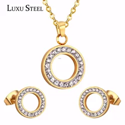 LUXUSTEEL set stainless steel Hollow Out Round Cubic Zirconia Pendant Necklace Earrings Brinco Female Bijoux Party Wholesale