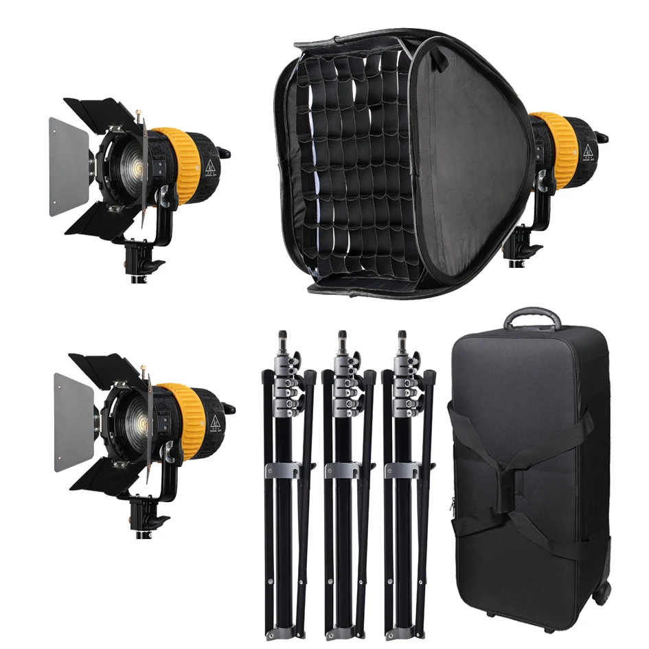 ALUMOTECH 5500/3200K 3x80W LED Fresnel Lighting With V-mount Power Supplier+StandX3+Softbox Kit For Photography Studio Video