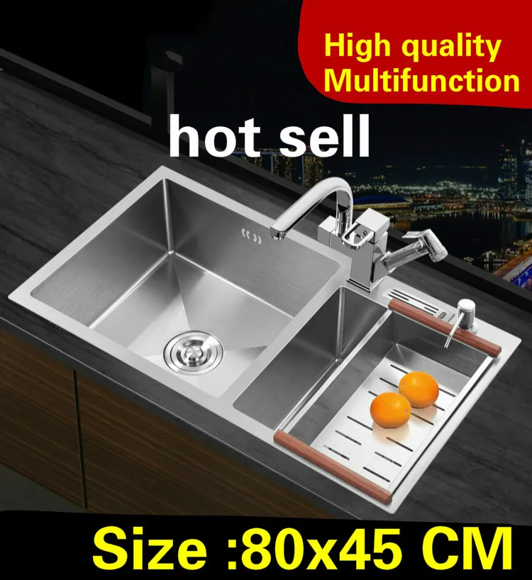 

Free shipping luxury multifunction wash vegetables wogue kitchen manual sink double groove 304 stainless steel 800x450 MM