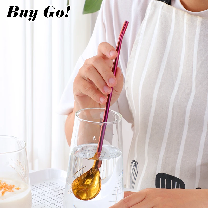 2PCS Colorful Reusable Drinking Straws Spoon Stainless Steel Metal Straws Cocktail Stirring Spoon Bar Milk Coffee Stirring Tools