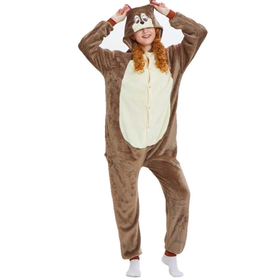 Women Flannel Kigurumi Chipmunk Animal Onesies Pajamas Halloween Carnival Masquerade Party Cosplay Costume