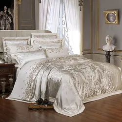 Nastro grigio lusso raso di seta Jacquard copripiumino ricamo biancheria da letto set Super King Queen size 4/6 pezzi lenzuolo/lenzuolo con angoli