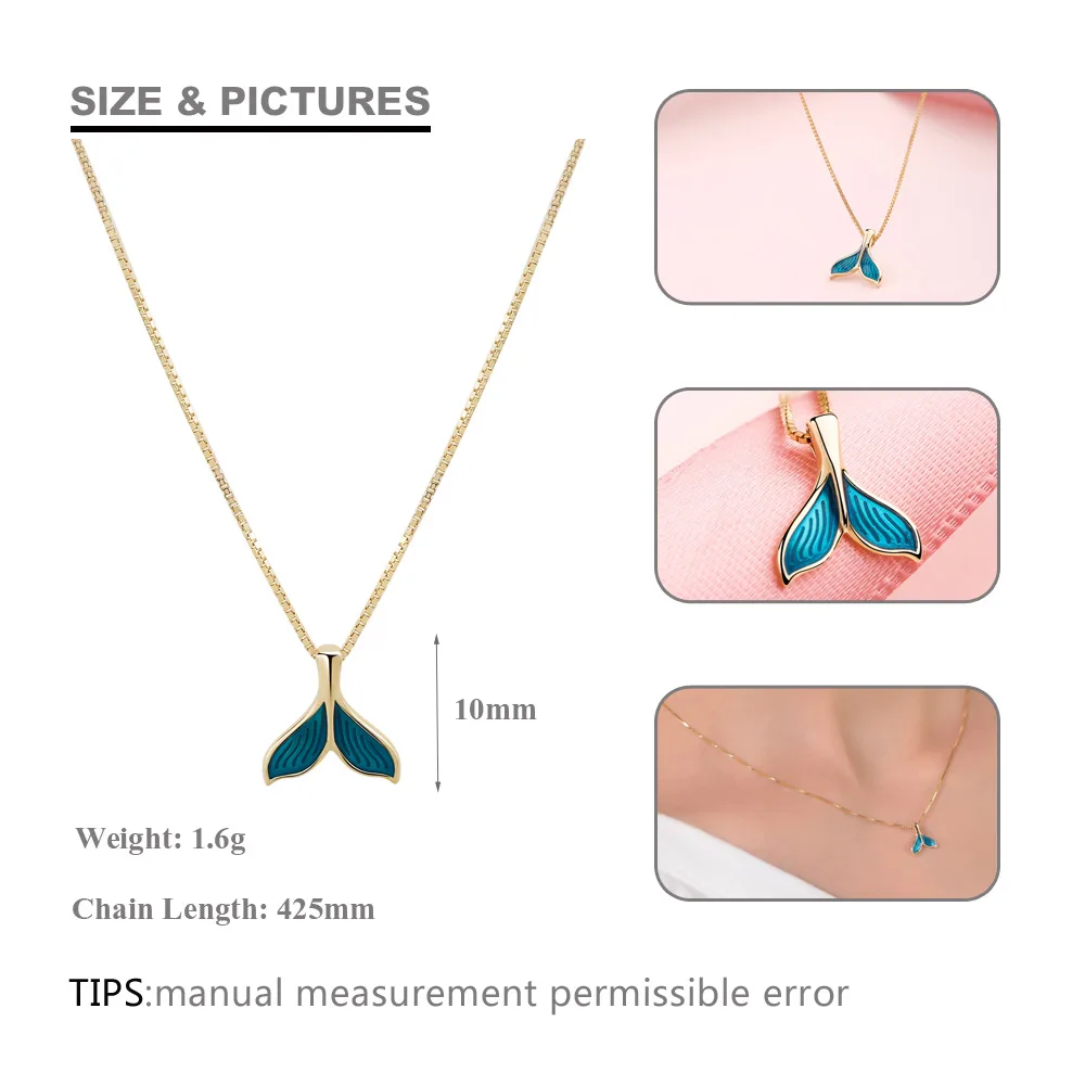 SA SILVERAGE Gold Color Plated Chain Link Necklace Real 925 Sterling Silver Blue Color Mermaid Tail Pendant Necklaces 925 Silver