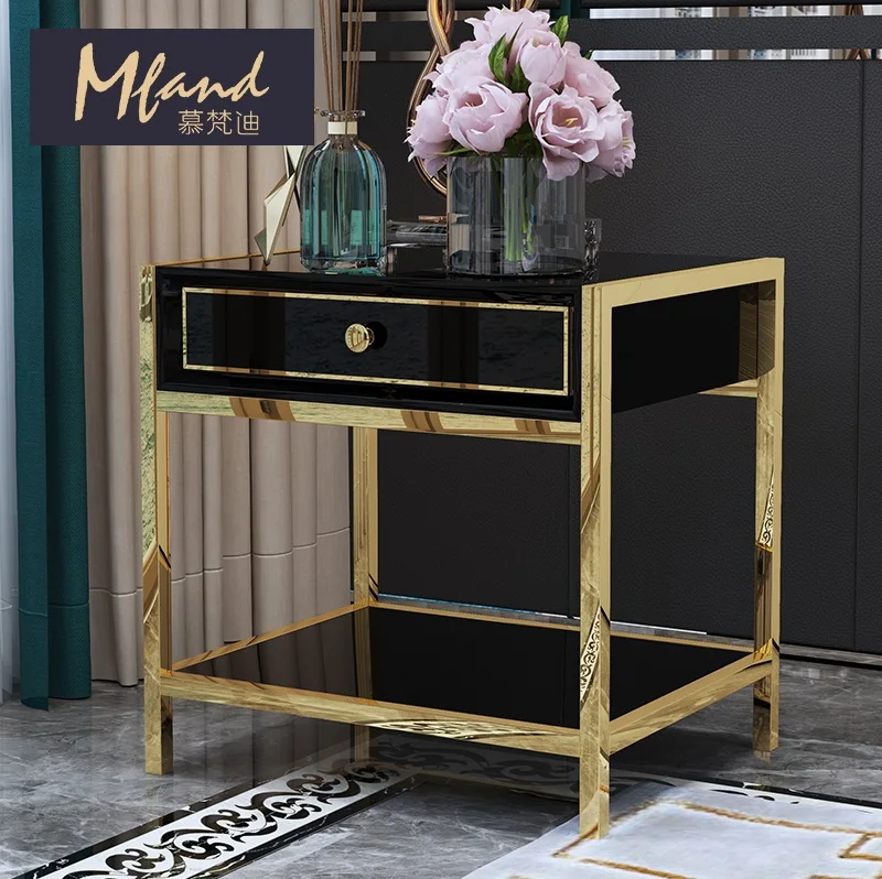 50cm High Night Stands / Black and Golden / Bedside Table Stainless Steel with Golden Varnish