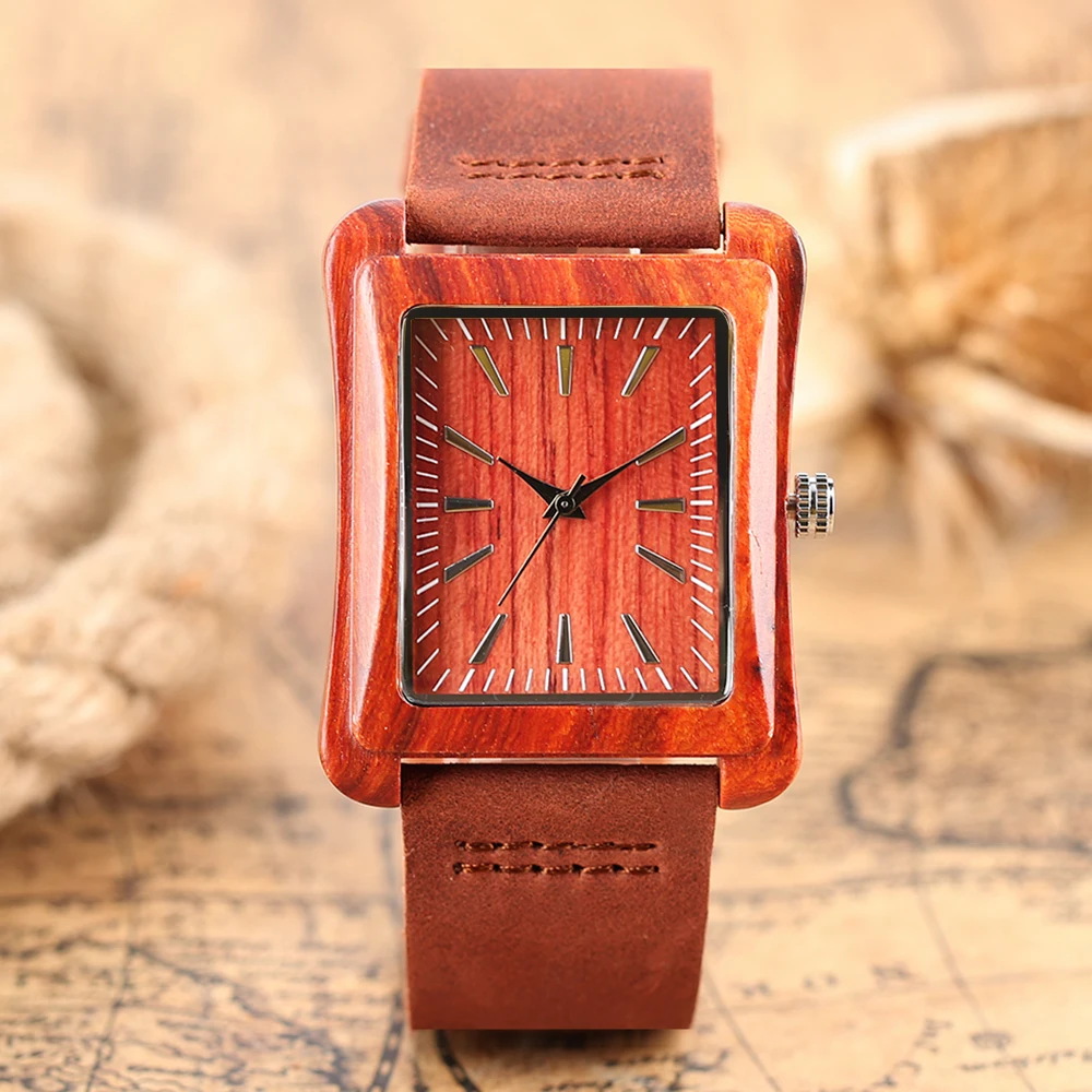 

Watch Wooden Rectangle Dial Wrist Watches Novel Nature Wood Genuine Leather Band Bamboo Mens Women Quartz Wristwatch Hours Clock