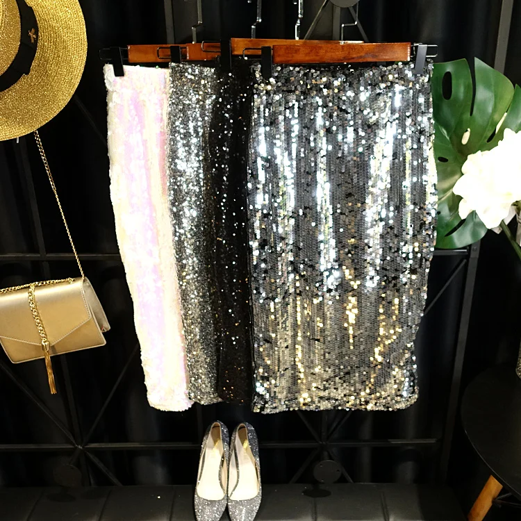 Cakucool Sequined Mid Long Skirt Spring Summer Sexy Club Shiny Skirts Bodycon Sheath Luxury Pencil Skirt Slim Elegant