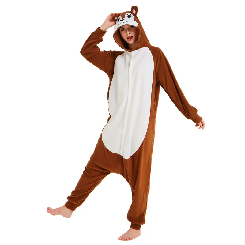 Coffee Chipmunk Adults Polar Fleece Kigurumi Women and Men Cartoon Animal Onesies Pajama Halloween Carnival Party Romper Wear